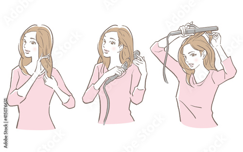 ヘアアイロンを使う女性イラスト