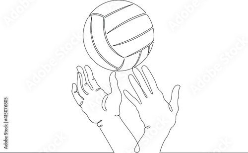Volleyball. Hands reach for the volleyball in the game. One continuous drawing line  logo single hand drawn art doodle isolated minimal illustration