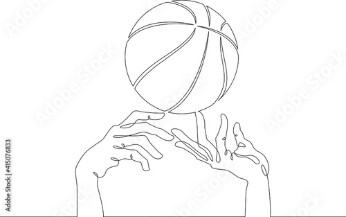 Basketball game. Hands reach out to grab the basketball in the game. Basketball ball. One continuous drawing line  logo single hand drawn art doodle isolated minimal illustration