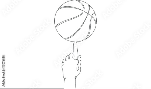 Basketball. Spin the basketball ball on your index finger. One continuous drawing line  logo single hand drawn art doodle isolated minimal illustration