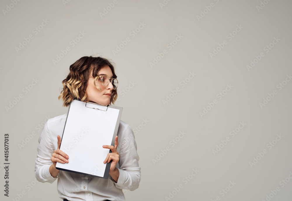 Business woman in shirt with document folder Blank paper mockup Business woman in shirt with document folder Blank paper mockup