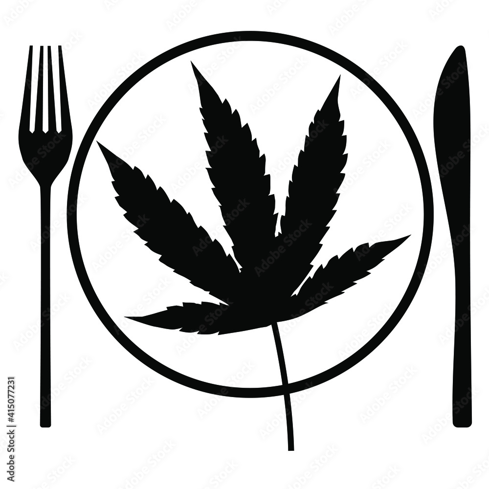 custom made wallpaper toronto digitalCannabis leaves on plate. Lined black and white flat design. Cannabis in food produce concept. Vector illustration styles icon.