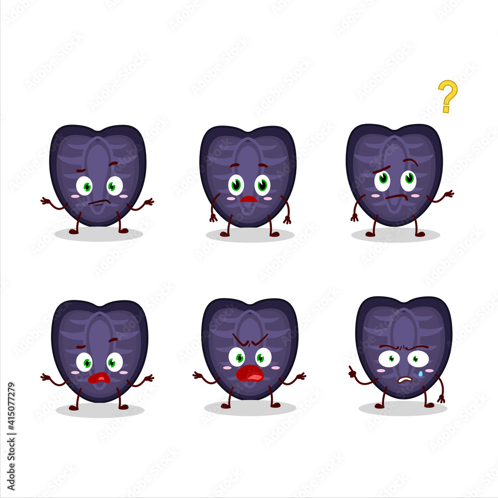 Cartoon character of slice of black strawberry with what expression Cartoon character of slice of black strawberry with what expression