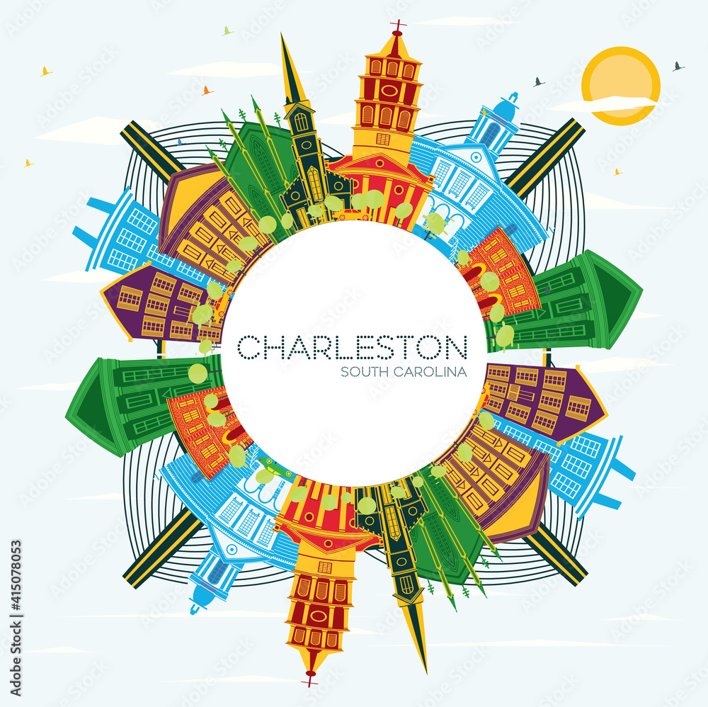 Obraz premium Charleston South Carolina City Skyline with Color Buildings, Blue Sky and Copy Space.