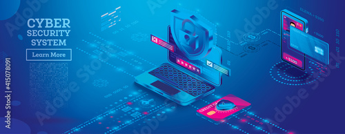 Cyber Security Concept. Lock Symbol. Isometric Laptop, Credit Card and Smart Phone with Shield.