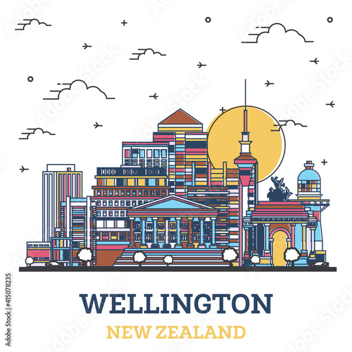 Outline Wellington New Zealand City Skyline with Colored Modern Buildings Isolated on White.