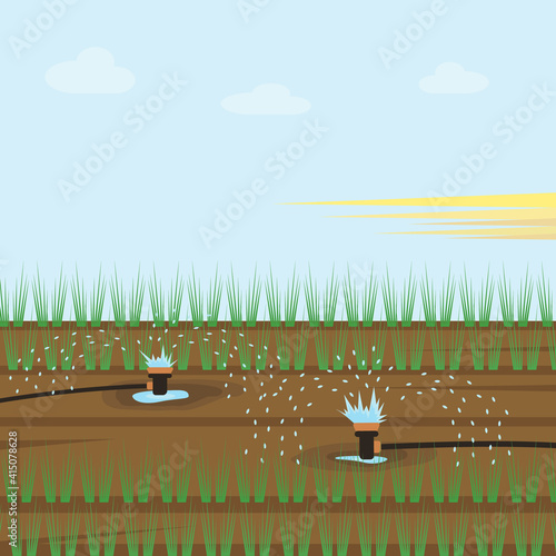Automatic watering of plants in the garden. Equipment for reclamation of seedlings. The concept of carrying out field work in agriculture. Irrigation of the soil. Vector illustration. Flat style.