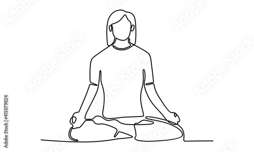 Continue line of woman sitting cross legged on floor and meditating. Meditation, relaxation at home, spiritual practice, yoga and breathing exercise