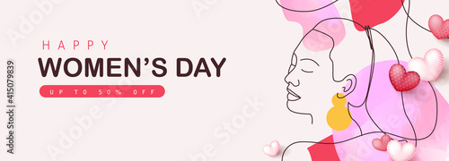 Women's Day sale banner. International women's Day greeting card template. Postcard on March 8.
