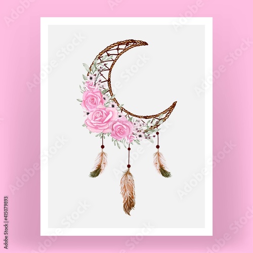 Watercolor dream catcher with Rose Flower and feather