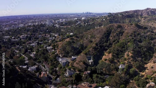 Aerial panning shot above the Hollywood Hills towards Century City. 1080p at 60 FPS.
