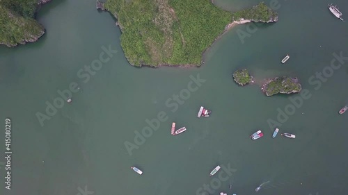 Birdseye view, over ships and islands in Ha long Bay photo