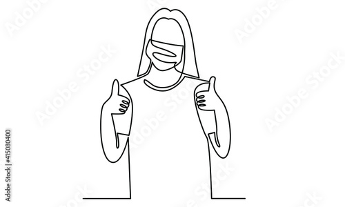 Continue line of woman wearing medical face mask and showing thumbs up sign
