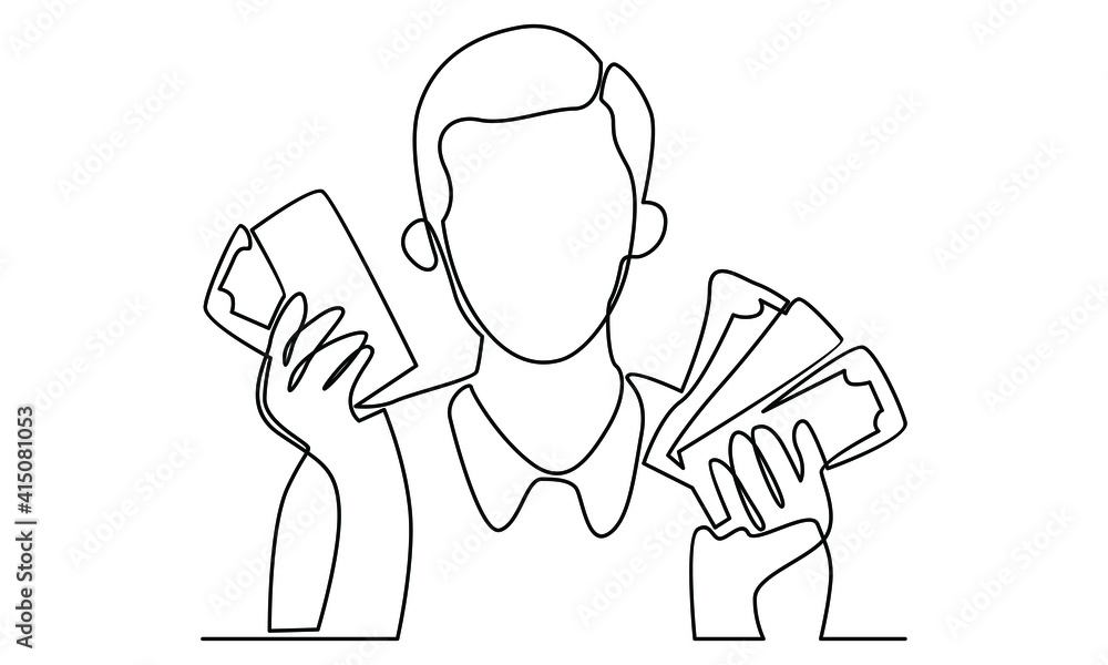Continue line of man with banknotes of money in his hands
