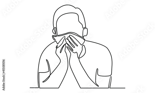 Continue line of sick young man holding tissue, sneezing into handkerchief, blowing running nose