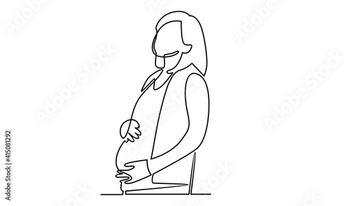 Continue line of pregnant woman caressing her belly