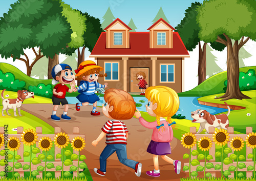 Outdoor scene with many children visiting their friends