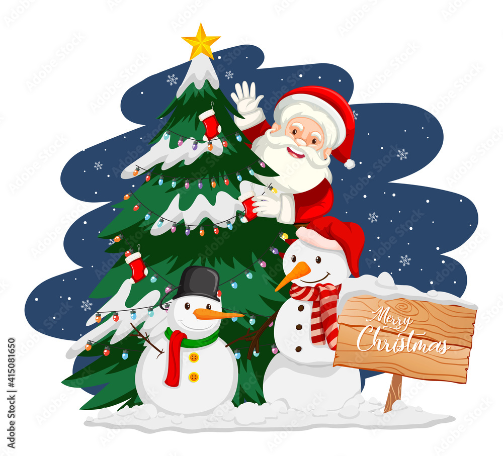Santa Claus with christmas tree and snowman at night