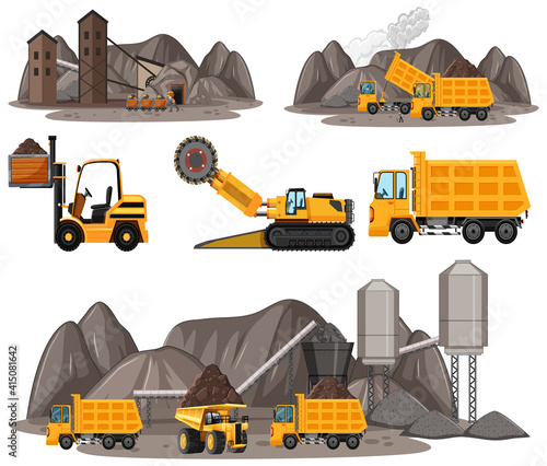 Coal mining scene with different types of construction trucks