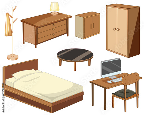 Bedroom furniture objects isolated on white background