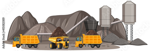 Coal mining scene with construction trucks