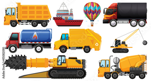 Set of different kind of cars and trucks isolated on white background