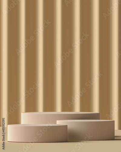 Beige three cylindrical plinth in beige scene corrugated panel background  minimal mockup background for branding and product presentation.