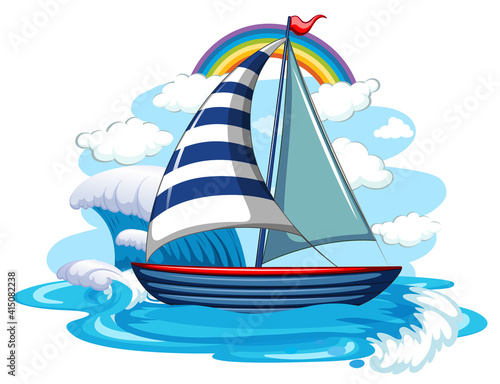 A sailboat on water waves isolated on white background