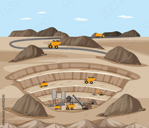 Landscape of coal mining scene with crane and trucks