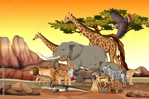 Group of Wild African Animal in the forest scene