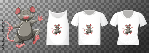 Set of different shirts with mouse cartoon character isolated on transparent background