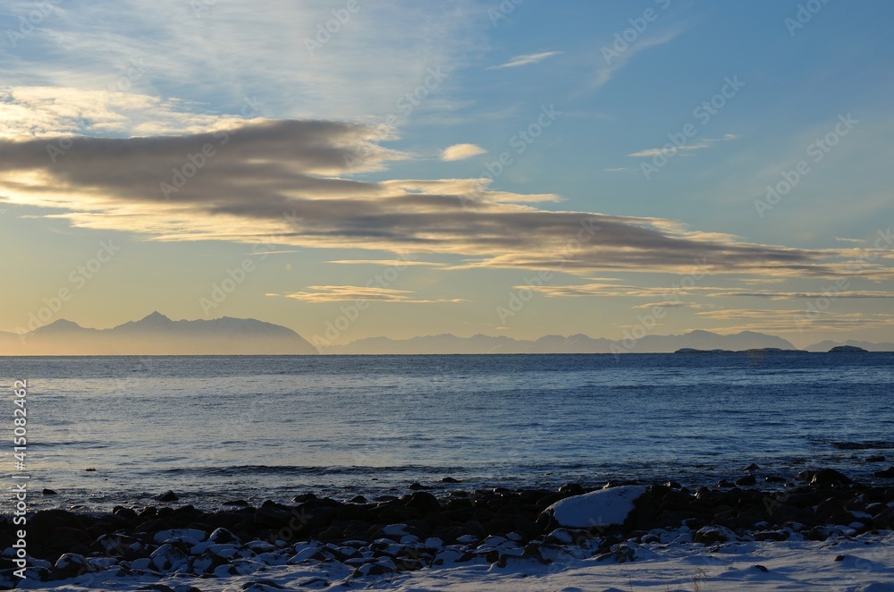 Fototapeta premium majestic sunset and sea fog in early spring