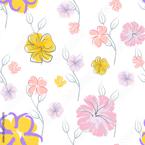 Pink Flowers Blooming Pattern. Pastel Watercolor.