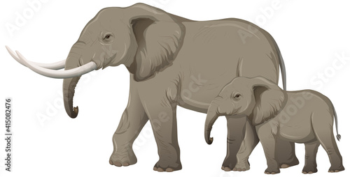 Adult elephant with young elephant in cartoon style on white background