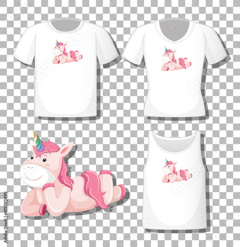 Cute unicorn laying cartoon character with set of different shirts isolated on transparent background