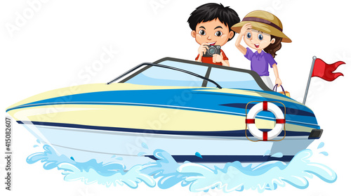 Children on a speed boat on white background
