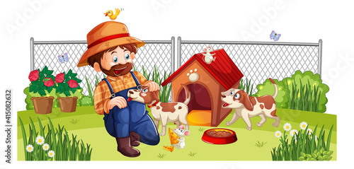 Happy man with dog at the yard