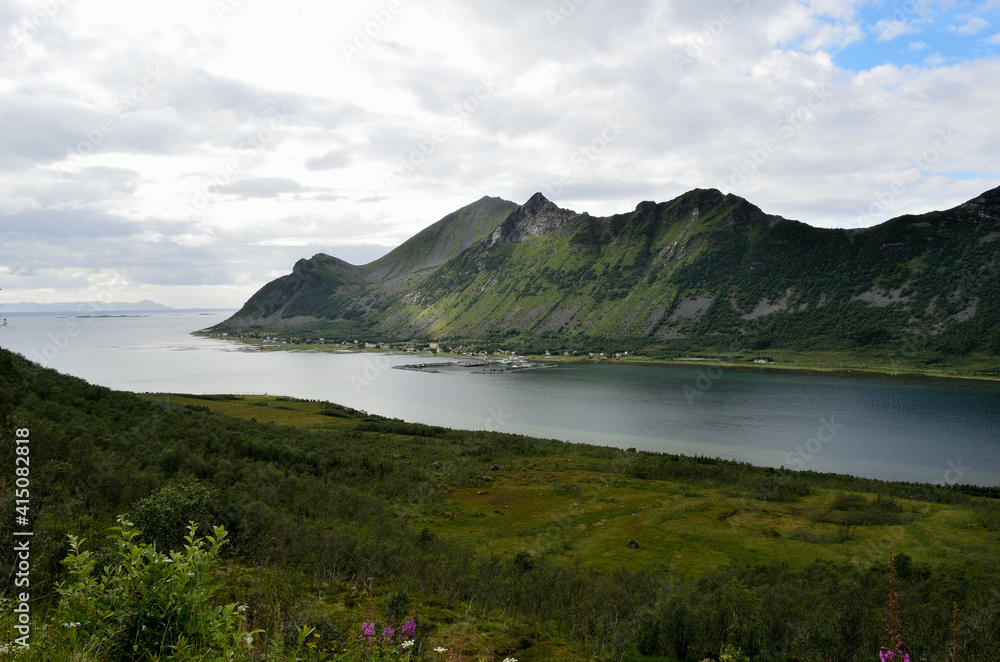 green mountain valley and fjord landscape in Northern Norway, Senja,