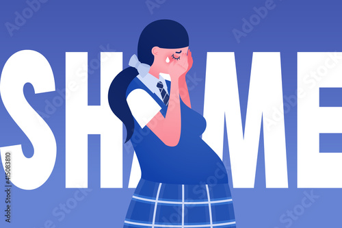 Bold vector poster with crying pregnant teen girl cry, word - shame - on background. Social banner about teenage pregnancy. Awareness of adolescents about early pregnancy, reproductive education