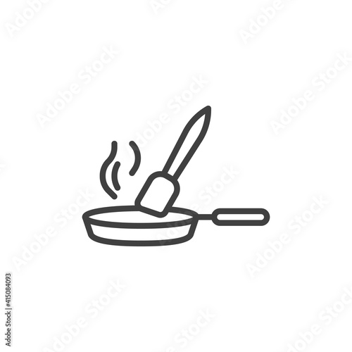 Pancakes cooking line icon. linear style sign for mobile concept and web design. Frying pan and spatula outline vector icon. Symbol, logo illustration. Vector graphics