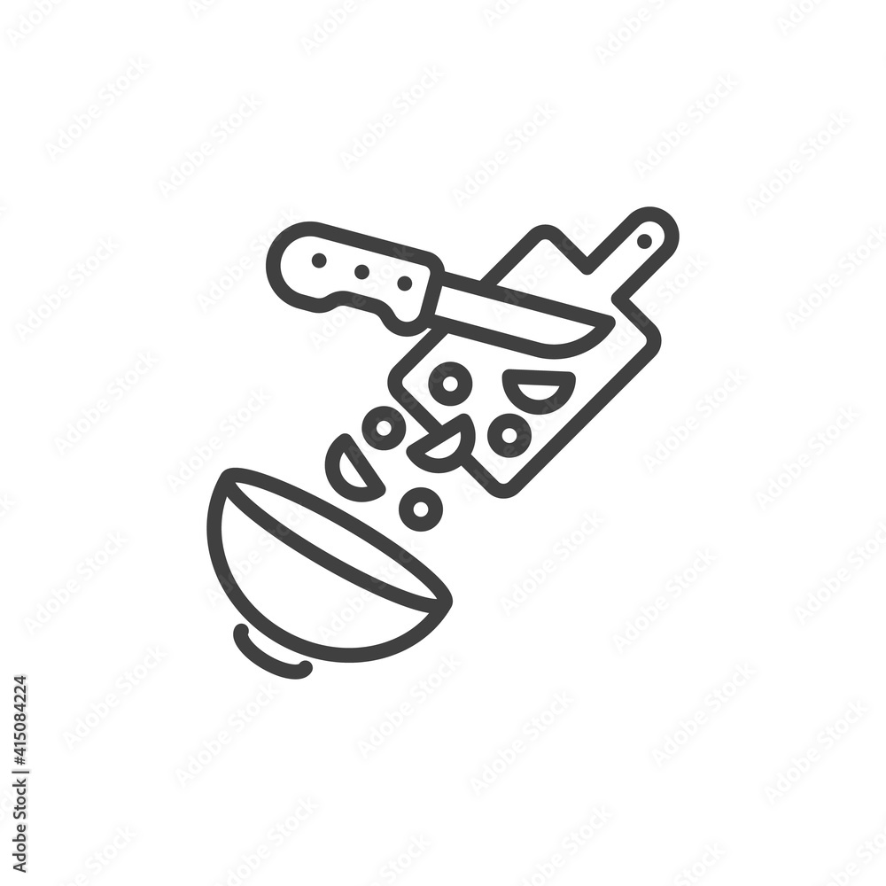 Vegetable salad cooking line icon. linear style sign for mobile concept and web design. Adding vegetables into bowl outline vector icon. Symbol, logo illustration. Vector graphics Vegetable salad cooking line icon. linear style sign for mobile concept and web design. Adding vegetables into bowl outline vector icon. Symbol, logo illustration. Vector graphics