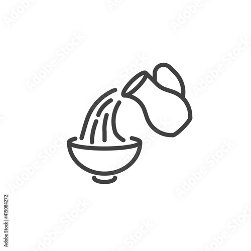 Pouring milk into bowl line icon. Water jug and bowl linear style sign for mobile concept and web design. Cooking and baking instruction outline vector icon. Symbol, logo illustration. Vector graphics