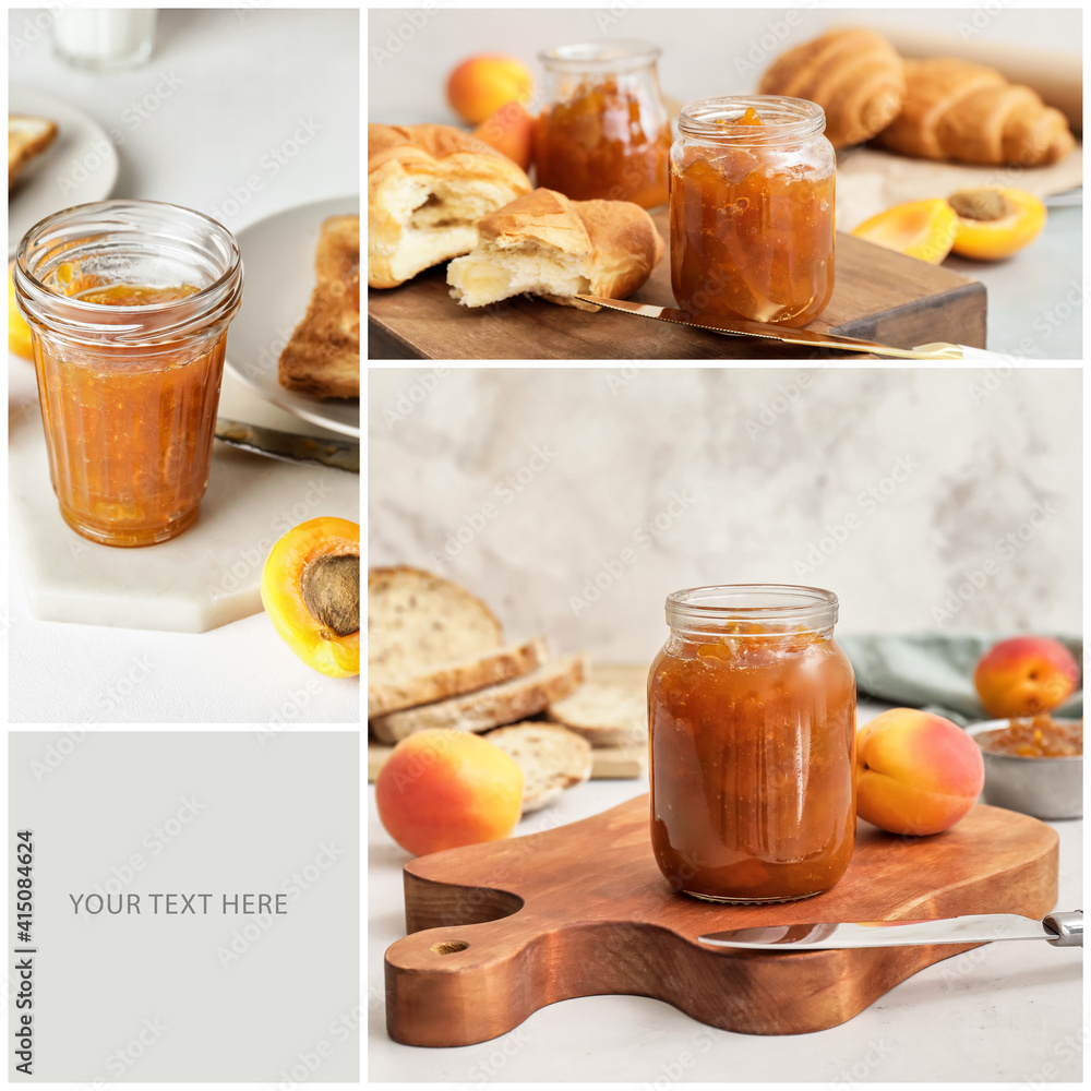Collage of tasty apricot jam on table and space for text Collage of tasty apricot jam on table and space for text