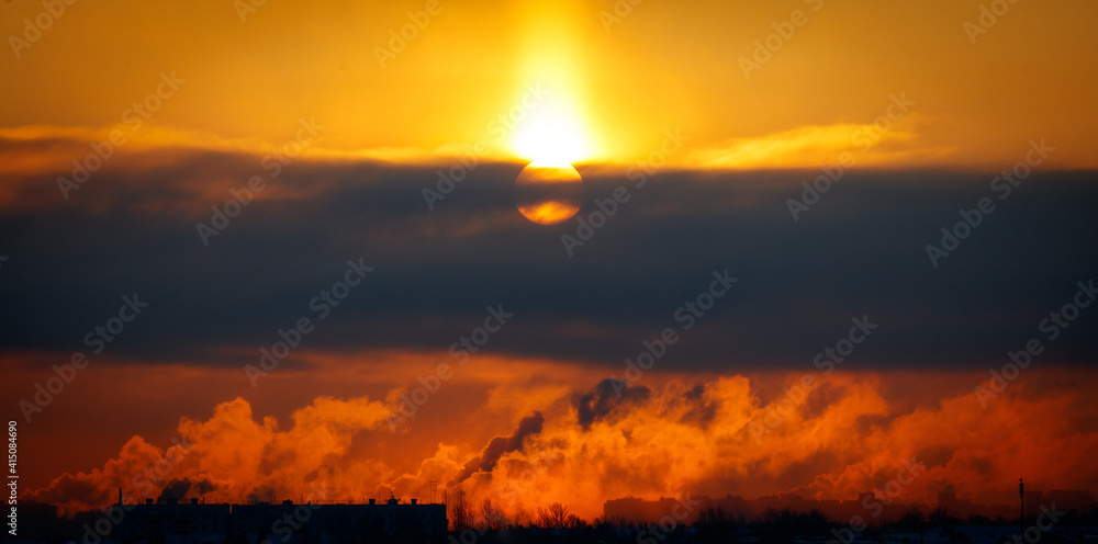 Winter dawn and smoke from chimneys Winter dawn and smoke from chimneys