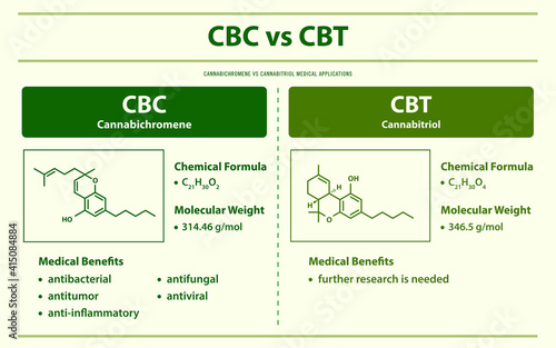 CBC vs CBT, Cannabichromene vs Cannabitriol horizontal infographic illustration about cannabis as herbal alternative medicine and chemical therapy, healthcare and medical vector.