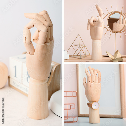 Collage of wooden hand in m...
