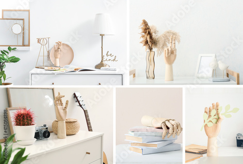 Collage of wooden hand in m...