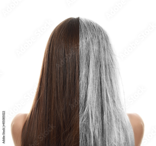 Canvas Print Comparison of woman with young and grey hair on white background, back view