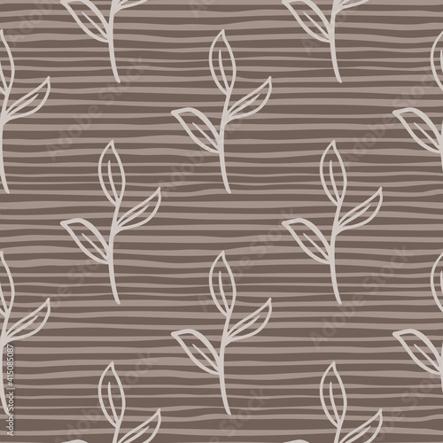 Abstract botanic seamless pattern with contoured leaf branches shapes. Brown striped backround.