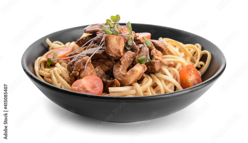 Plate with tasty noodles and meat on white background